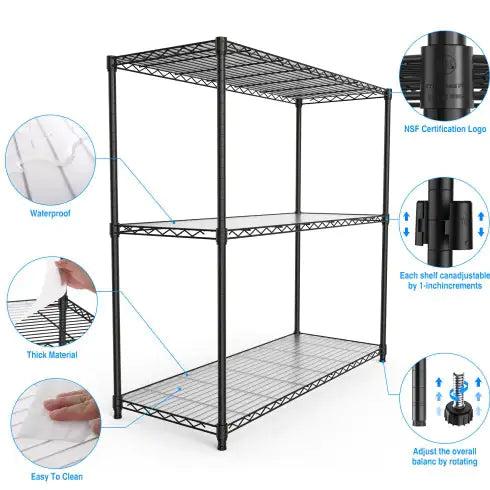 3 Tier Heavy Duty Wire Shelving Unit 1050 LBS - Black Metal
