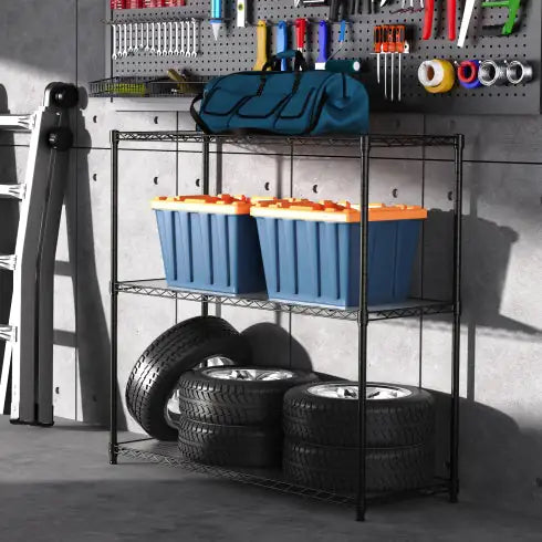 3 Tier Heavy Duty Wire Shelving Unit 1050 LBS - Black Metal