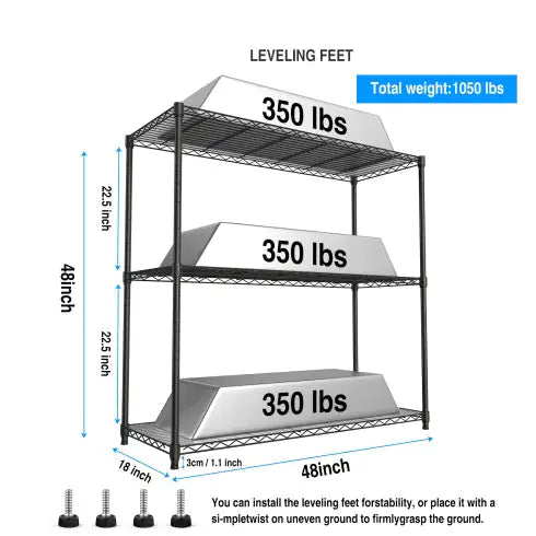 3 Tier Heavy Duty Wire Shelving Unit 1050 LBS - Black Metal